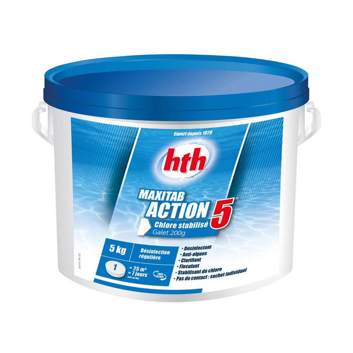 1 hth MAXITAB® 200g ACTION 5 pour piscines : Désinfection régulière