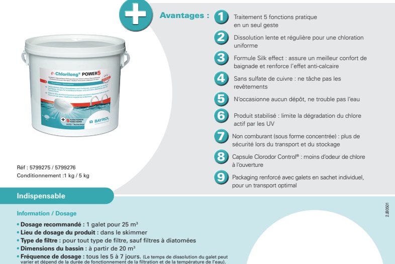 Avantages du chlorilong power 5 Bayrol