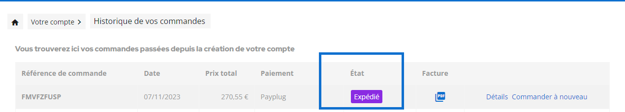 Etat Expédié historique des commandes